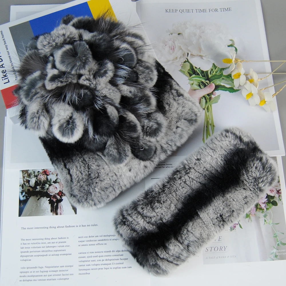 Nuevo estilo, gorros de piel tejidos para mujer, silenciador, 2 piezas, gorro de piel de conejo Rex cálido para mujer, conjuntos de bufanda, gorro de piel de conejo Rex Natural para invierno, bufandas