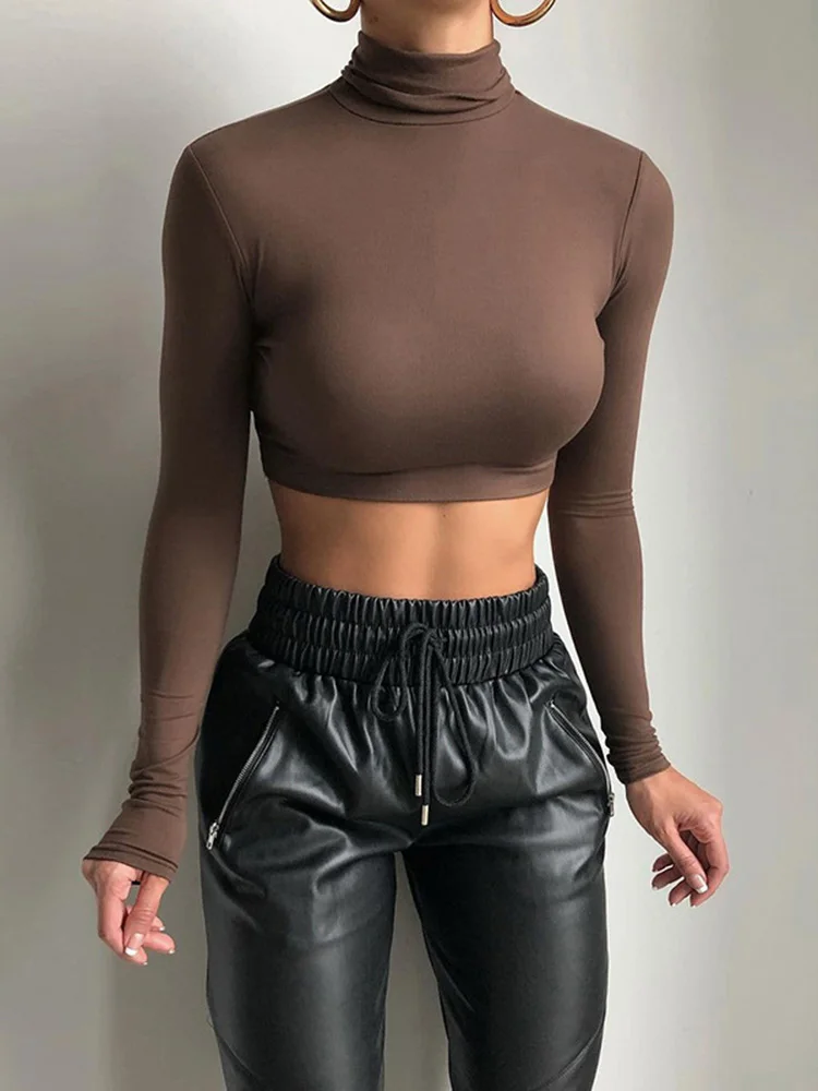 女性のための無地のタートルネックTシャツ,カジュアルな伸縮性のある衣服,すべてに合うストリートアクティビティトップ