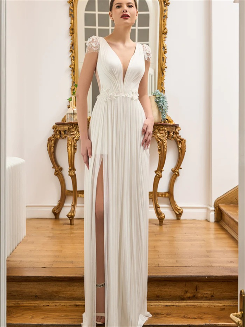 Encantador vestido com decote em V profundo, vestidos sem mangas, sexy side split, vestidos até o chão, elegante, 2024