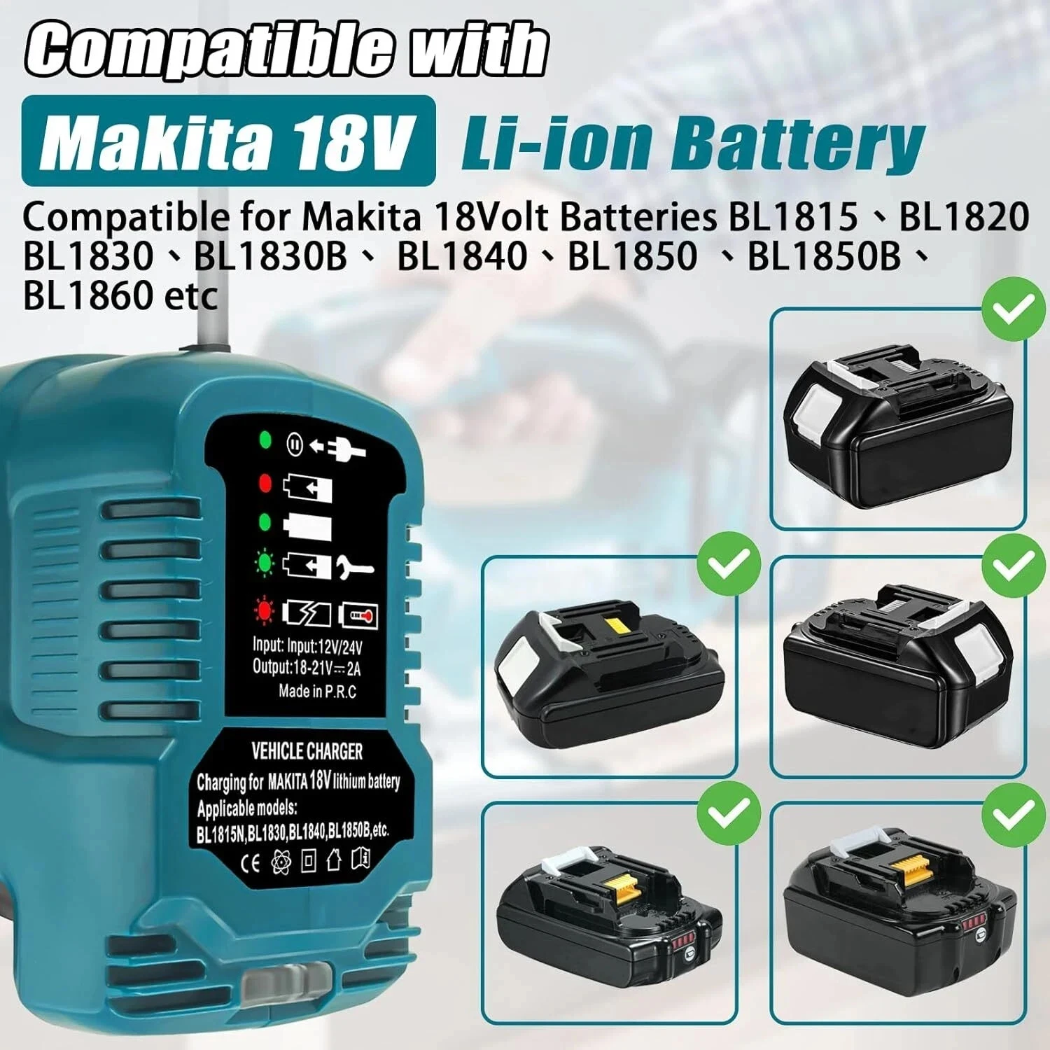업그레이드된 DC 12V/24V 리튬 이온 배터리 미니 컴팩트 차량용 충전기 시가 라이터 플러그 LED 포함 마키타 18V LXT 배터리용