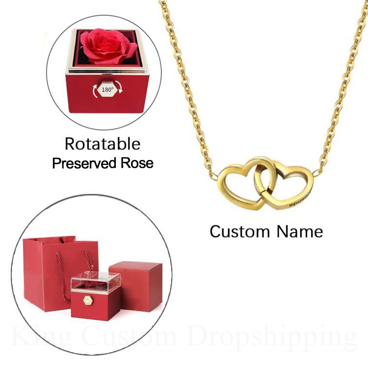 Colar de aço com nome gravado personalizado, caixa de rosa real eterna, coração duplo, aniversário, joia, presente