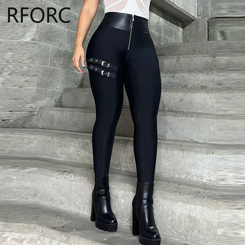 2023 mujeres Chic Pu cuero Patchwork cintura alta cremallera vendaje flaco negro lápiz pantalones