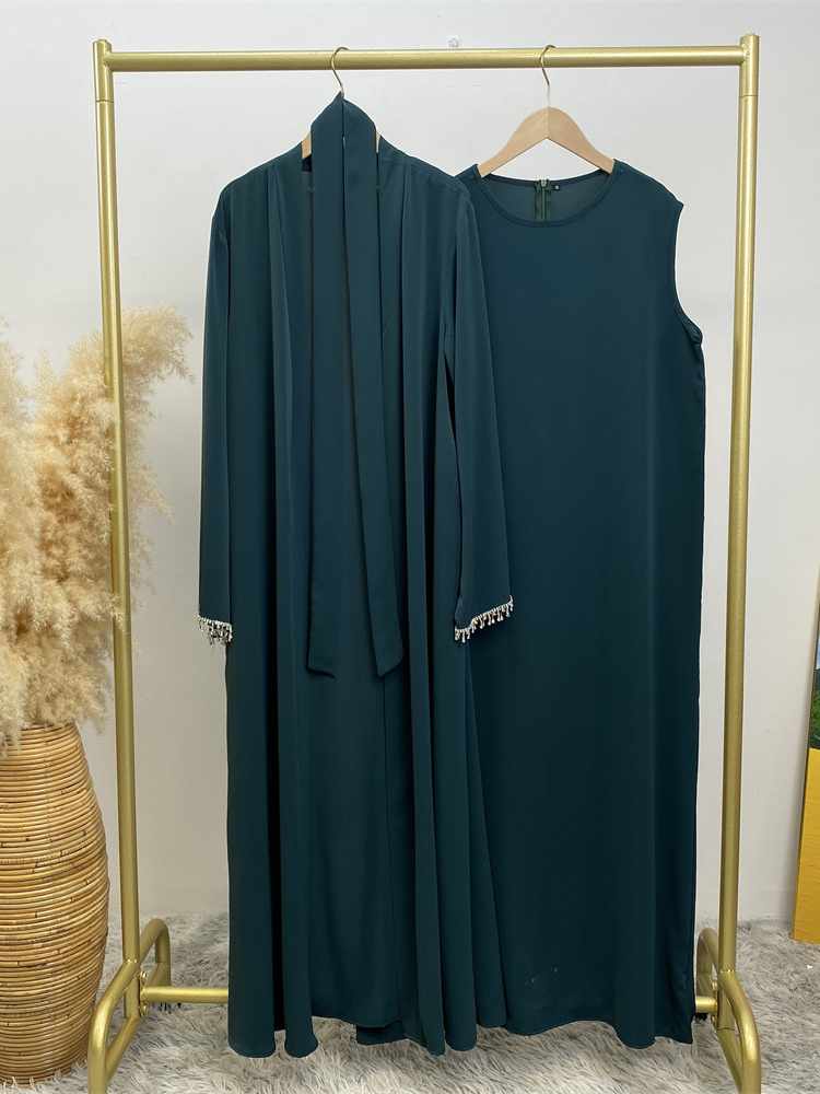 Eid muçulmano abaya feminino 2 peça conjunto com vestido interno diamante quimono cardigan ramadan abayas kaftan dubai longo robe vestidos largo