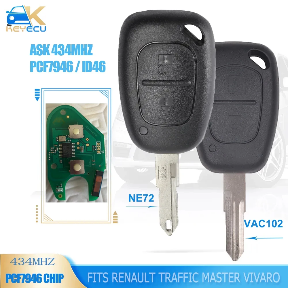 KEYECU 433MHz PCF7946-ID46 Chip 2 botones mando a distancia de coche Fob para Renault Traffic Master Vivaro Movano Kangoo 2003-2013