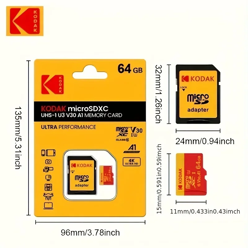 Kodak Micro SDCC/SDHC memory card 32GB-256GB UHS-I V30 level, suitable for smartphones, tablets, and sports cameras