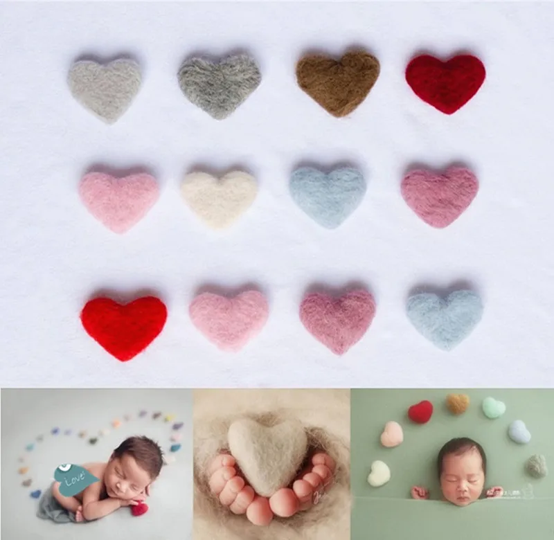 Adereços para fotografia de recém-nascidos, coração de lã, faça você mesmo, adereços para fotografia, estúdio de bebê, feltro, amor, coração 5 tamanhos