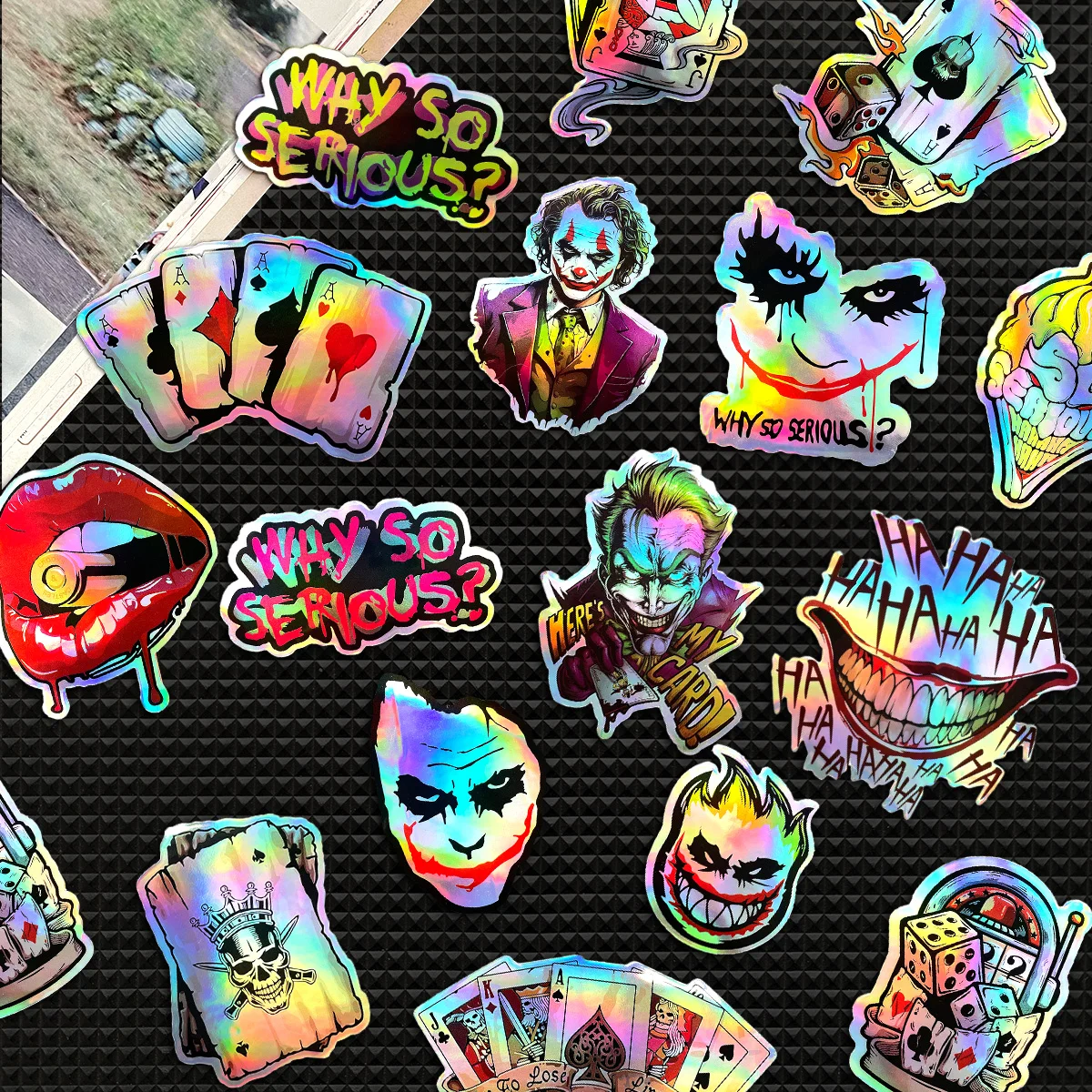 30 pçs/lote aleatório coringa gráfico laser arco-íris motocicleta adesivos auto carro moto bicicleta scooter capacete tanque de combustível acessórios decalques