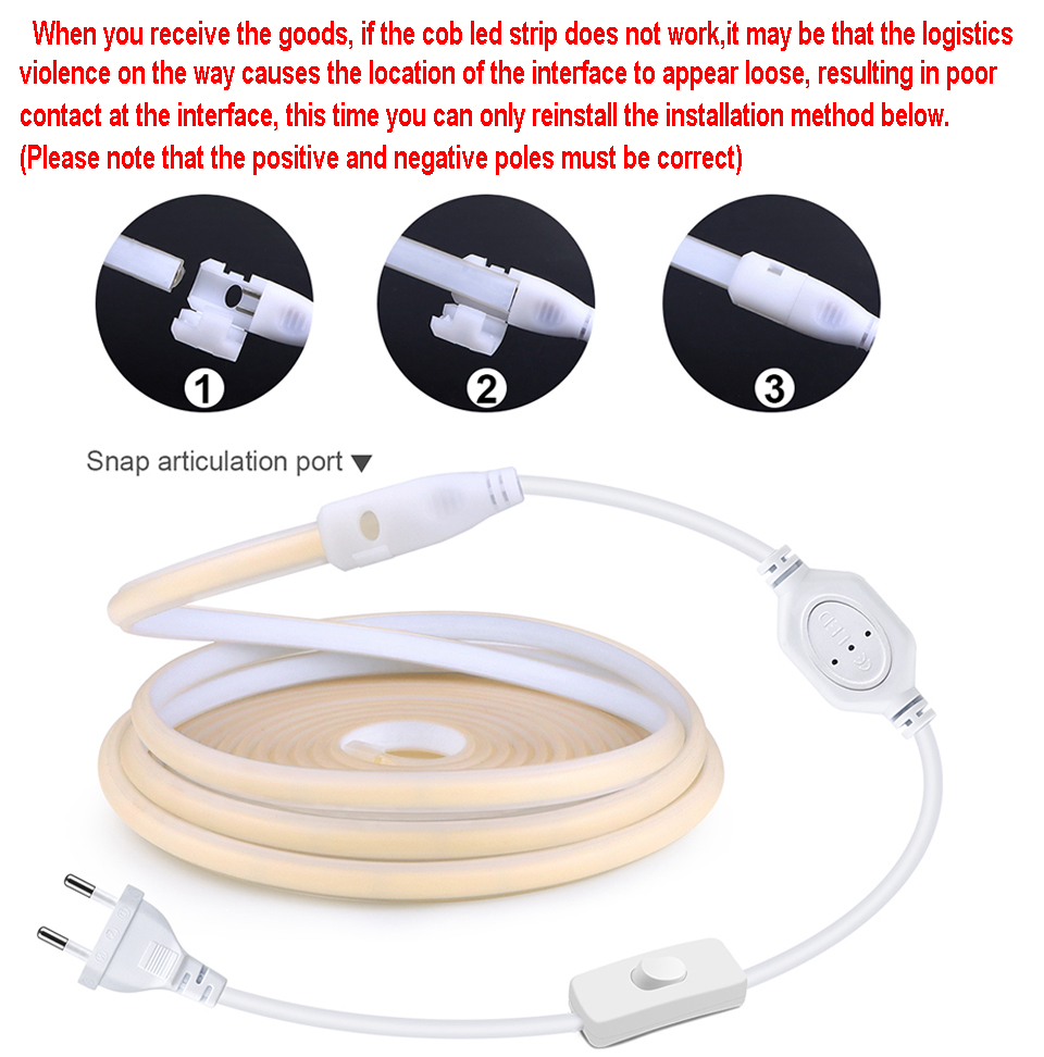 Tira de luces LED Cob de 110V y 220V, superbrillante, resistente al agua, con interruptor de fuente de alimentación UE y EE. UU., 288 LEDS/m, decoración cálida/Neutra/blanca para exteriores