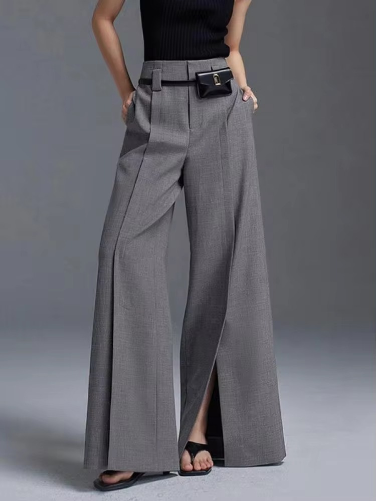 Yeezzi-pantalones de traje urbanos para mujer, pantalón recto holgado de Color blanco y negro, plisado de cintura alta, con abertura frontal, novedad de 2024