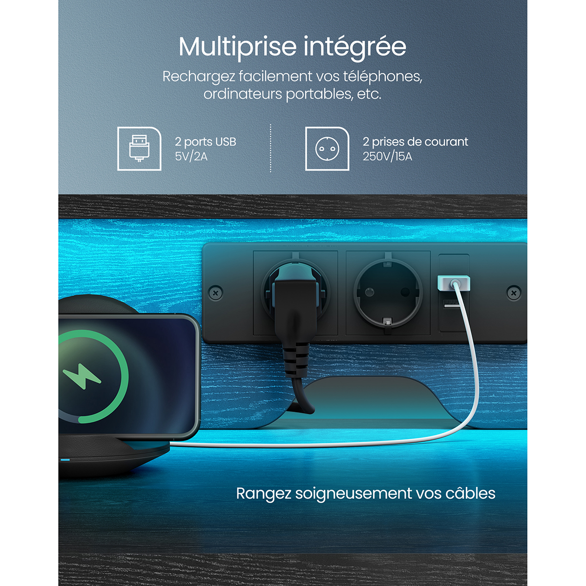 VASAGLE Bureau Gaming avec Lumières LED et Multiprise, Bureau Informatique avec Support d'Écran, Table avec Rangement, 2 Tiroirs en Tissu, 2 Ports USB, pour Bureau