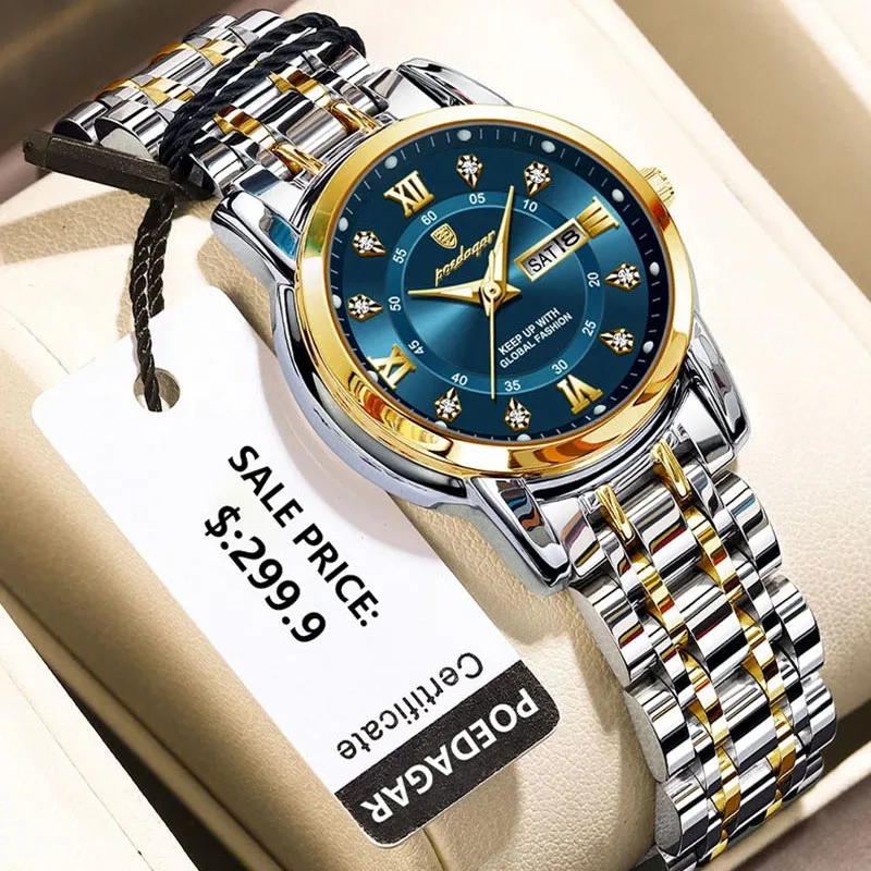 Relojes dorados para mujer, pulsera de acero inoxidable con diamantes de imitación de lujo, Relojes de pulsera de cuarzo para mujer, reloj luminoso resistente al agua con fecha