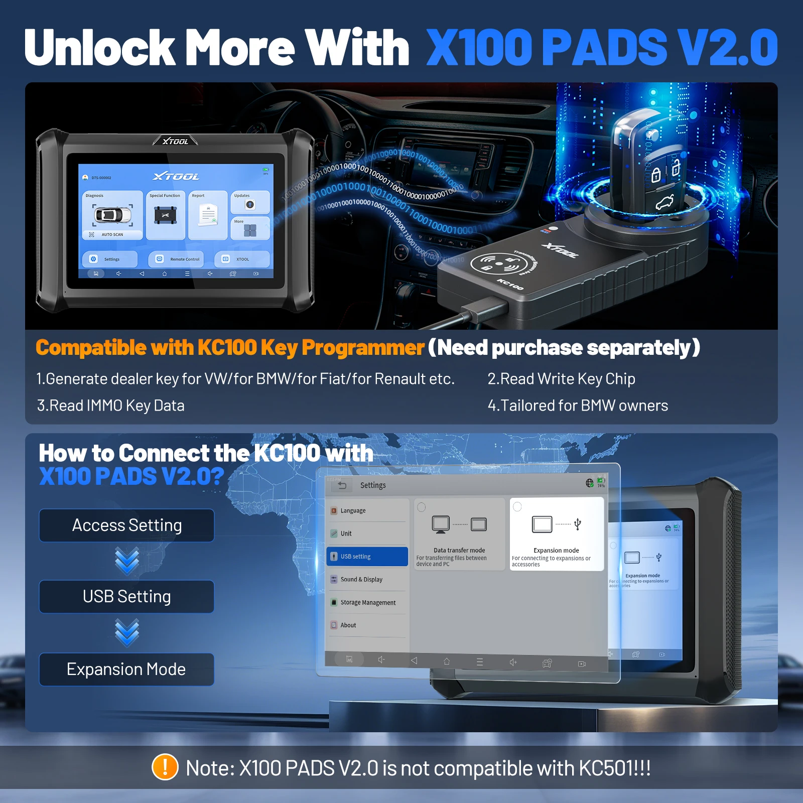 XTOOL X100 PADS V2.0 Schlüsselprogrammierer Kfz-Scanner IMMO Lese-/Schreibchip All Key Lost OBD2-Diagnosetool mit CANFD DOIP