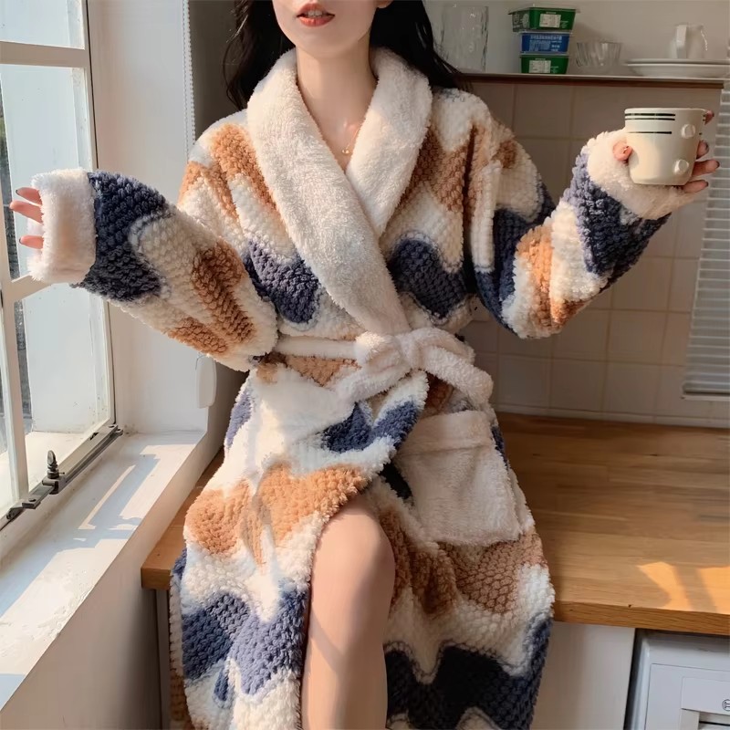 Pijamas de mujer, Pijama bonito, ropa de dormir de invierno, conjuntos de batas cálidas, ropa larga para el hogar, albornoz más camisón de lana Coral cálido de terciopelo