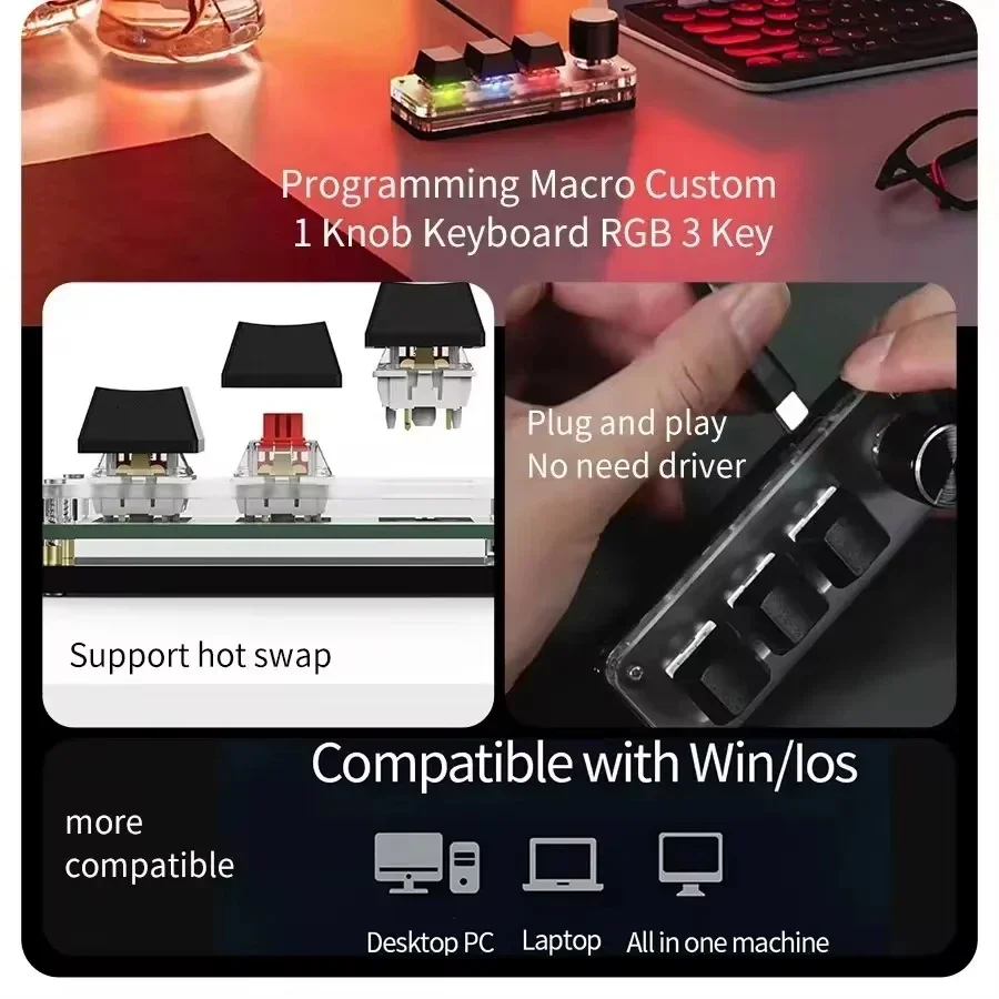 Mini USB Macro Mechanical Keyboard with 3 Keys 1 Knob RGB Gaming Custom Programming Switch Portable Keypads for Photoshop