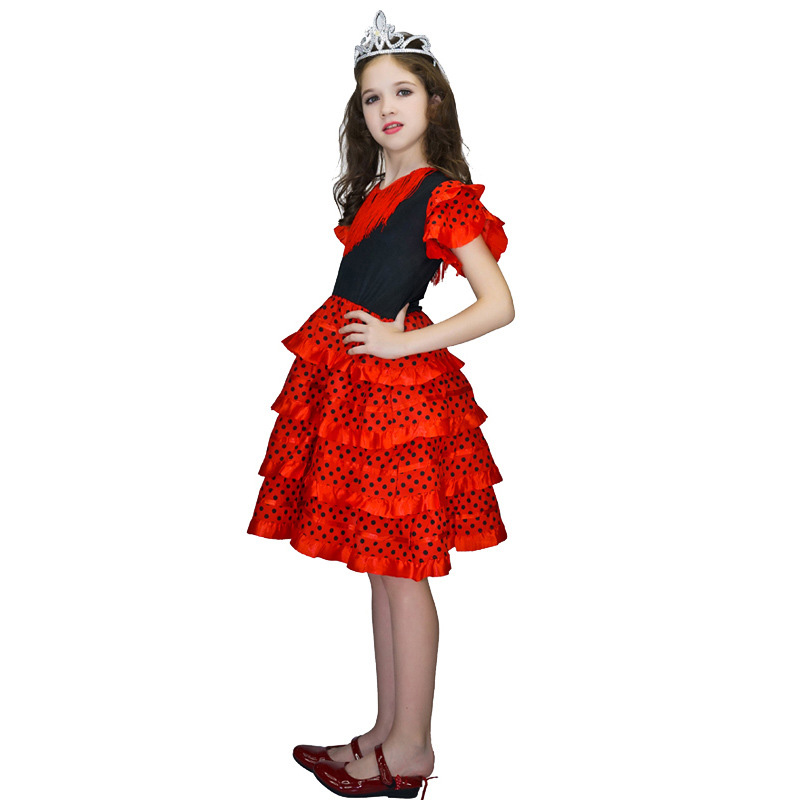 Robe de danse traditionnelle espagnole pour filles, robe de Festival à pois avec pompon, quatre couleurs, jupe classique de Style Flamengo gitane pour enfants