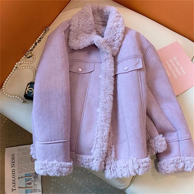 Abrigo de lana de cordero de una pieza de piel púrpura 4XL de gran tamaño para mujer Otoño e Invierno pequeña fragancia abrigo de lana gruesa de felpa único para mujer