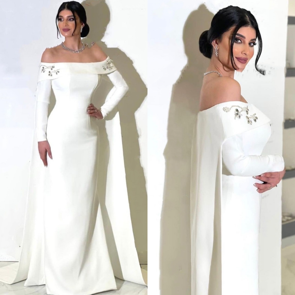 ที่กําหนดเองชุดราตรีซาตินประดับด้วยลูกปัดหมั้น A-Line Off-the-shoulder Bespoke โอกาสชุดยาวชุด Arabia