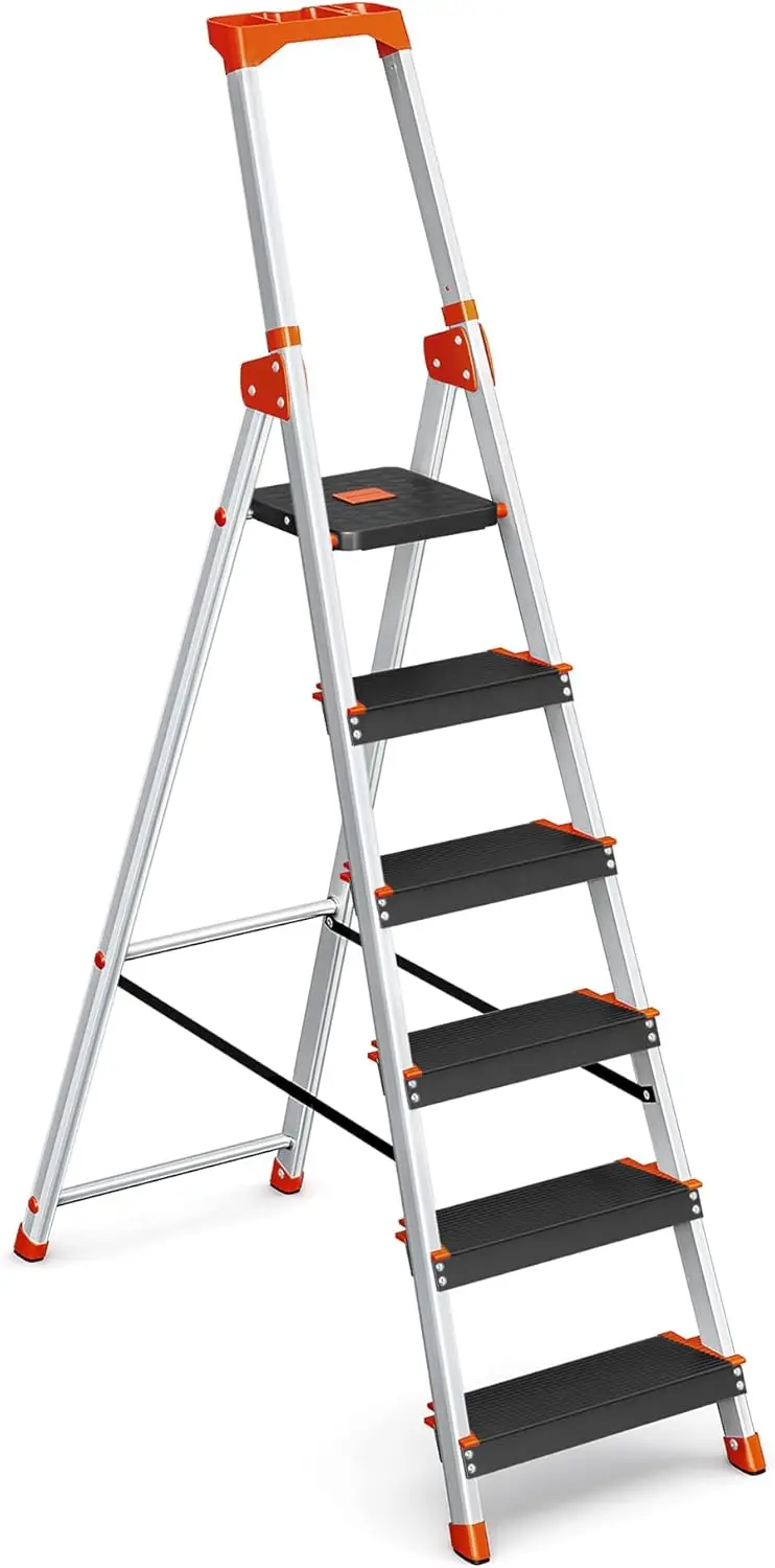Escalera de aluminio de 6 peldaños, plegable, antideslizante, carga de 150 kg, negro y naranja GLT06BK