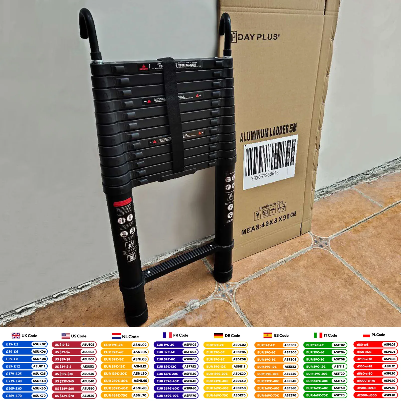 Black 5M Heavy Duty Telescopic Ladders 16.4FT Home Aluminum Extendable Roof Ladder With Detachable Hooks, Certificated EN131