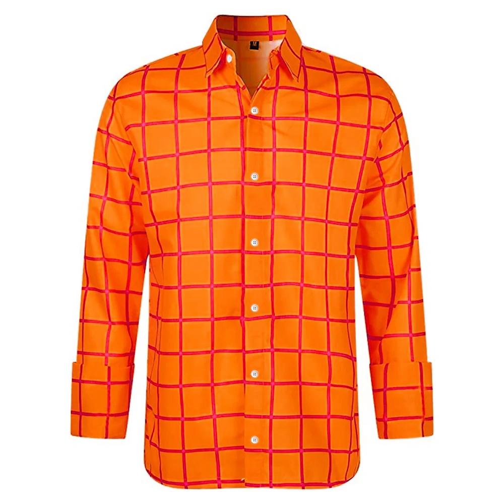 Nueva camisa para hombre, camisa de manga larga con estampado a cuadros 3D, camisa del mismo estilo de dibujos animados para hombre, ropa de gran tamaño, Top con solapa a la moda