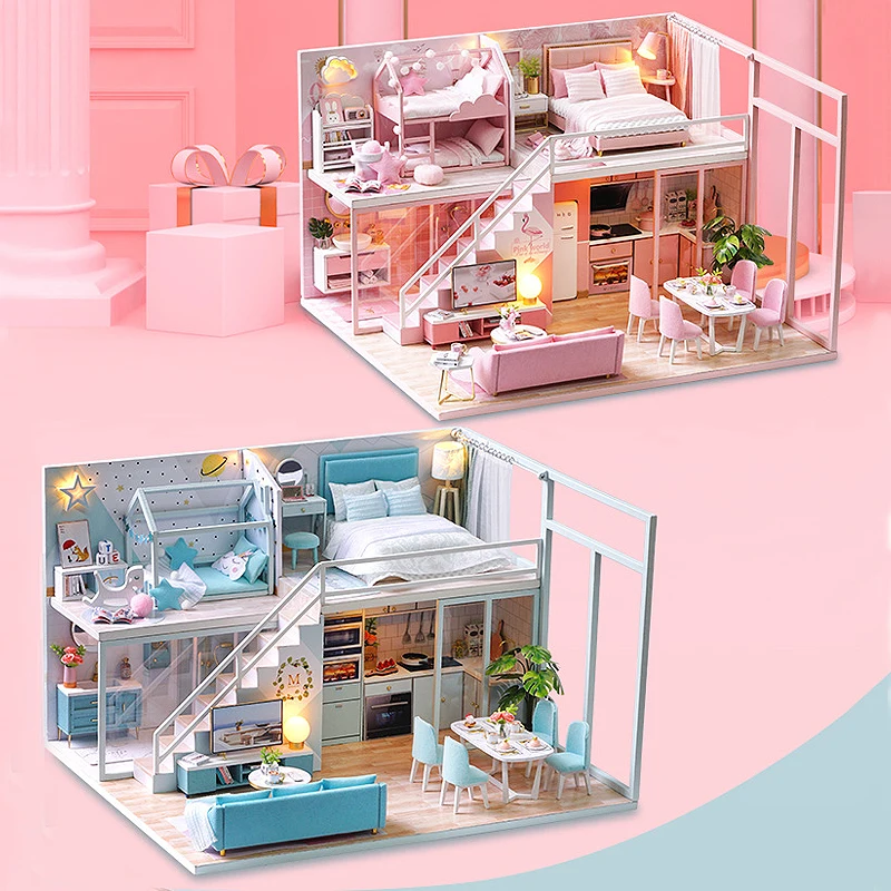 Kit de madeira Mini Doll House, Montagem de construção com móveis 3D Puzzle, brinquedos artesanais, presente de aniversário infantil