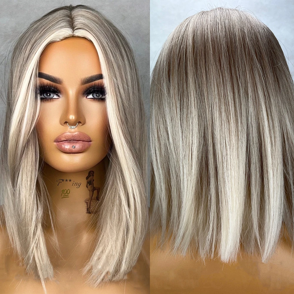 Fibra sintética peruca dianteira do laço, 14 ", cinza marrom claro, platina loira, listras destaques, cabelo olho captura presente, japonês