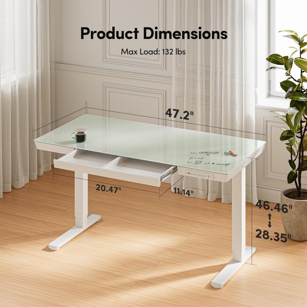 48 × 24 Electric Standing Desk with Drawers, Whole-Piece Glass Adjustable Height Desk, One-Piece Quick Install Adjustable