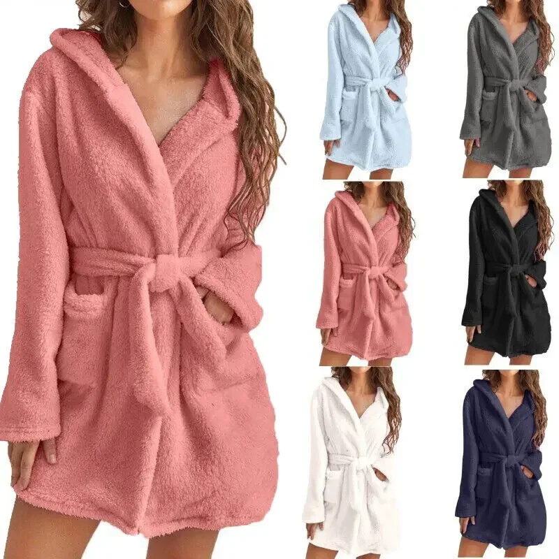 Frauen Bademantel Winter Flauschigen Plüsch Pyjamas Damen Sexy Mit Kapuze Dressing Einfarbig Kleid Warme Bademantel Weibliche Hause Kleidung