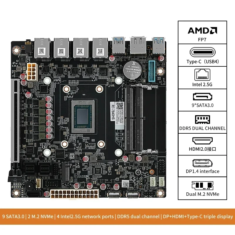 Amd ryzen 7 8845hs 9 7940hs 9-bay nas Motherboard usb4 4 xi226-v 2,5g lan 9xsata 3,0 2x m. 2 nvme pcie x16 2 xddr5 17 x17 itx firewall