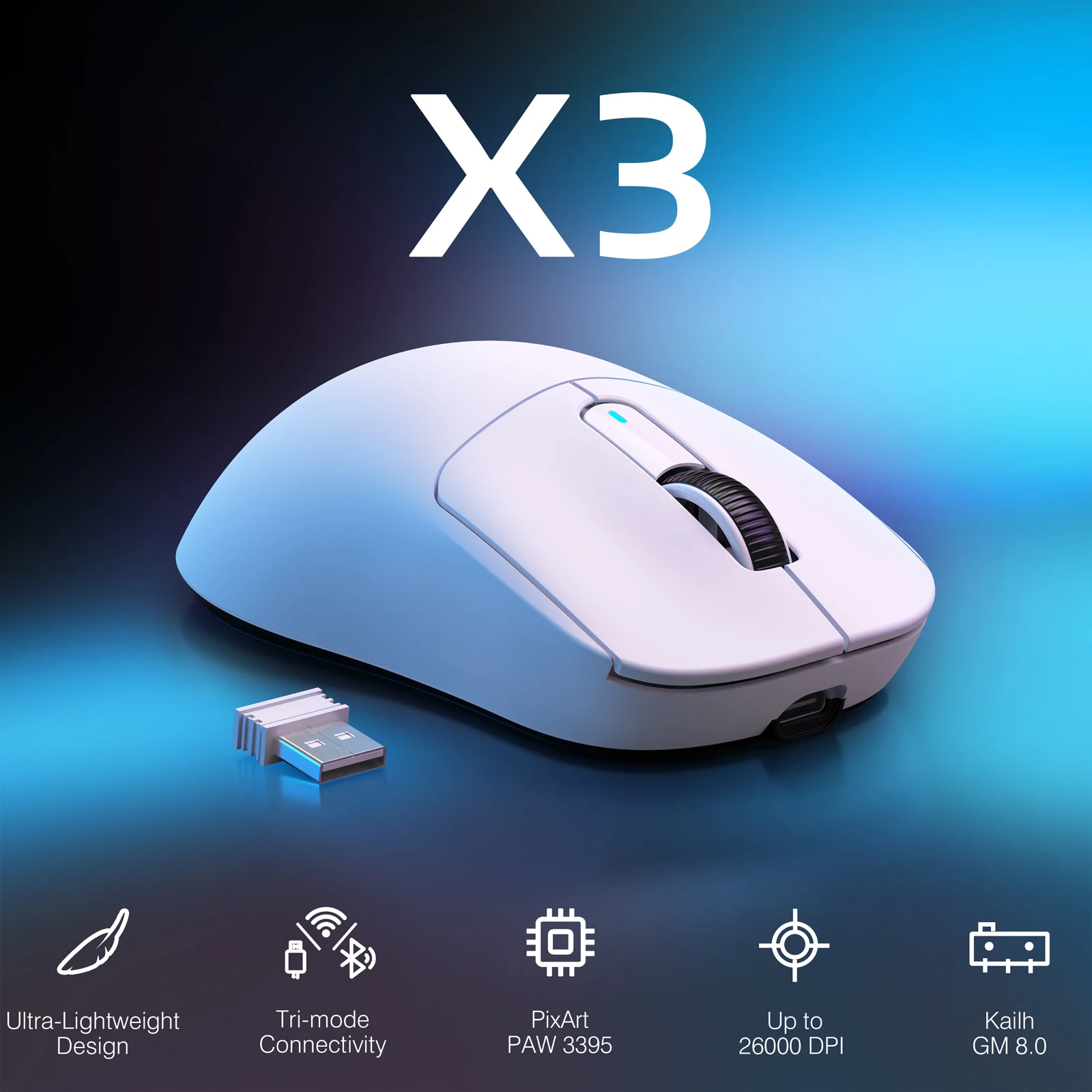 Bezprzewodowa mysz do gier ATTACK SHARK X3, ergonomiczna mysz komputerowa 49g, potrójne tryby PAW3395 26K DPI czujnik optyczny, programowalne przyciski