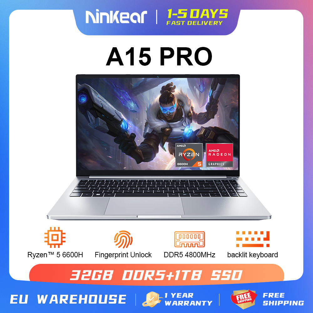 Ninkear-Ordinateur portable A15 Pro AMD Ryzen 5 6600H, 32 Go DDR5 + 1 To SSD, jusqu'à 4.50GHz FHD IPS WIFI6, déverrouillage par empreinte digitale