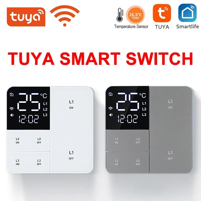 Умный Wi-Fi-переключатель Tuya с функцией отображения температуры и времени, 100-250 В, 1/2/3 Gang, настенный светильник, кнопочный переключатель, пульт дистанционного управления синхронизацией