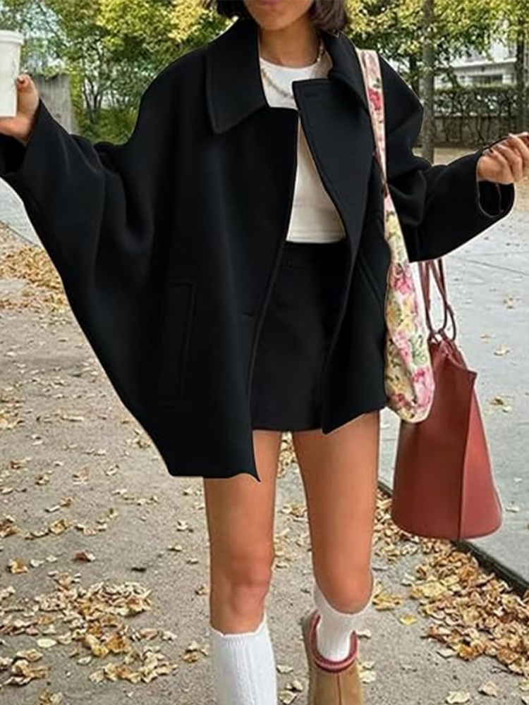 Damen Schräge Knopf Lose Fledermausärmel Jacke Mantel Revers Langarm Doppeltasche Warm Solide Farbe Vintage Oberbekleidung Herbst Winter Neue Weibliche Chic Mantel