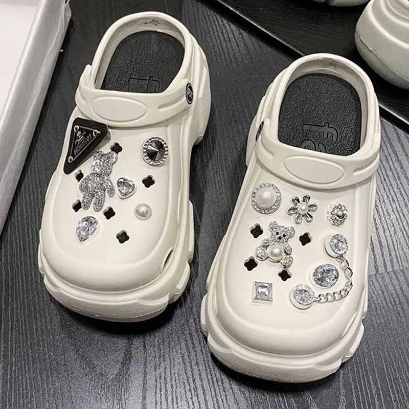 Bling ไข่มุกเพชรน่ารักหมีตกแต่ง Vented Clogs สไลด์ 7 ซม.แพลตฟอร์มรองเท้าแตะชายหาดกลางแจ้งสาวฤดูร้อนรองเท้าแตะผู้หญิงรองเท้า