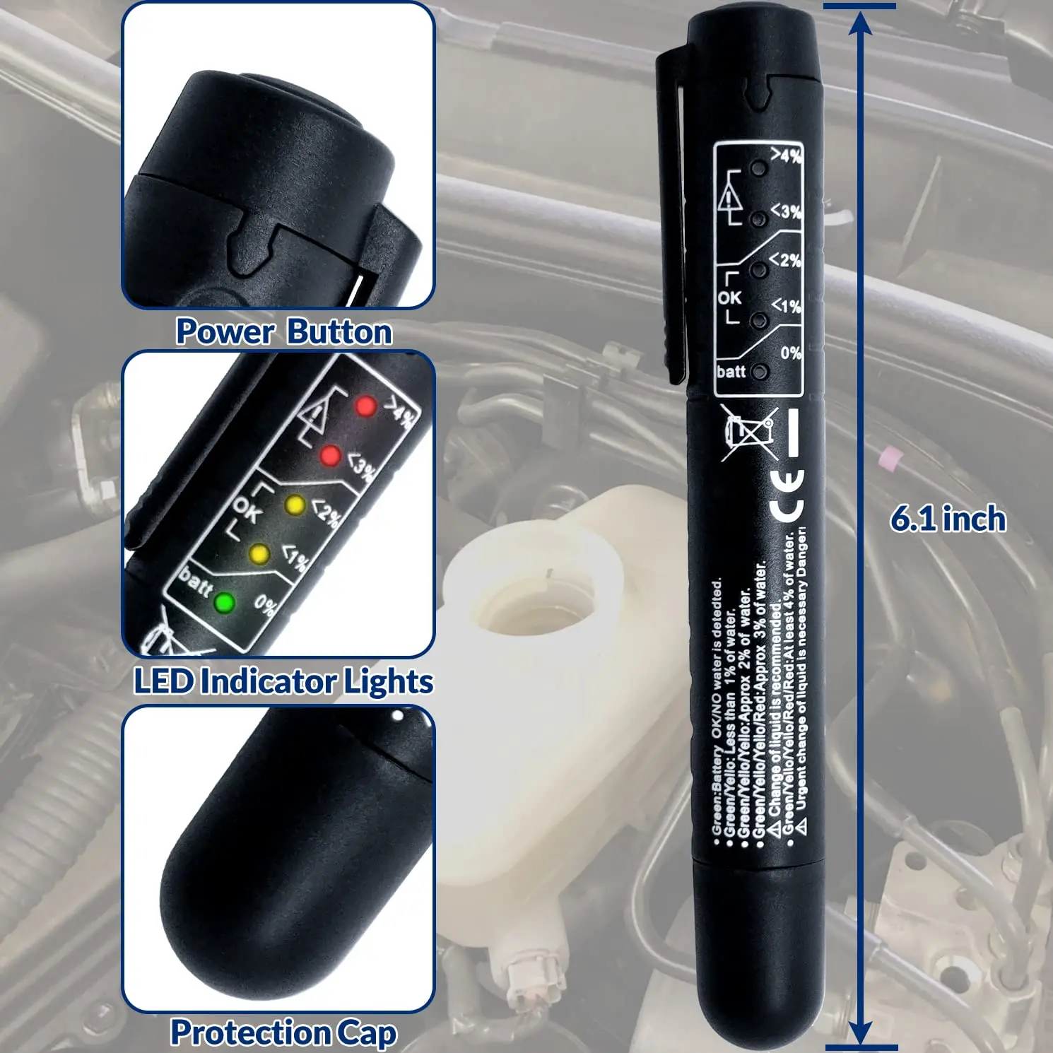 Pluma de prueba de líquido de frenos, herramienta de prueba de diagnóstico de frenos automático, analizador de humedad de aceite de fluido hidráulico con 5 luces indicadoras