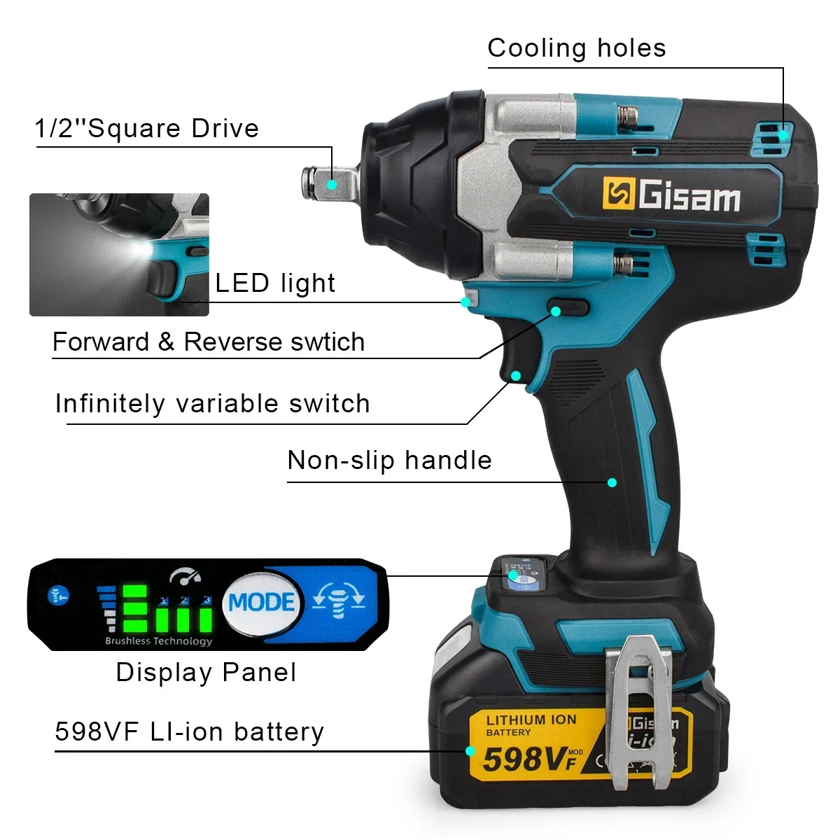 Gisam 1800N.M Torque Brushless Electric Impact Wrench 1/2 inch Cordless Wrench Screwdriver Power Tool For Makita 18V Battery Pin