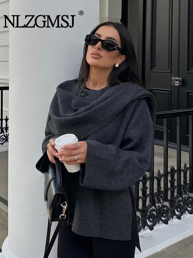 NLZG 2023 Winter Weibliche Schal Mantel Langarm Gestrickte Asymmetrische Jacken Für Frauen Streetwear Kausalen Frauen Mäntel
