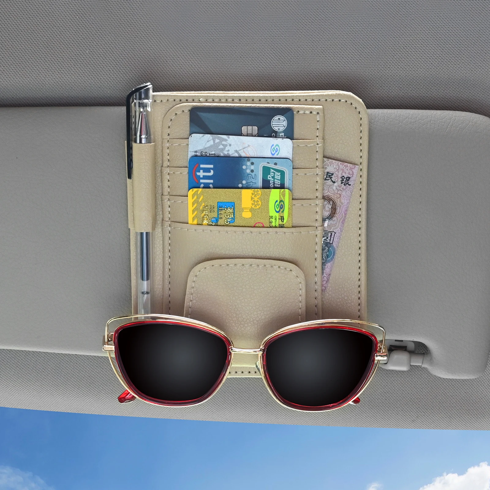 Organizador de viseira de sol do carro multi-bolso cartão de visita gerenciamento de armazenamento óculos de sol titular viseira acessórios interior do automóvel