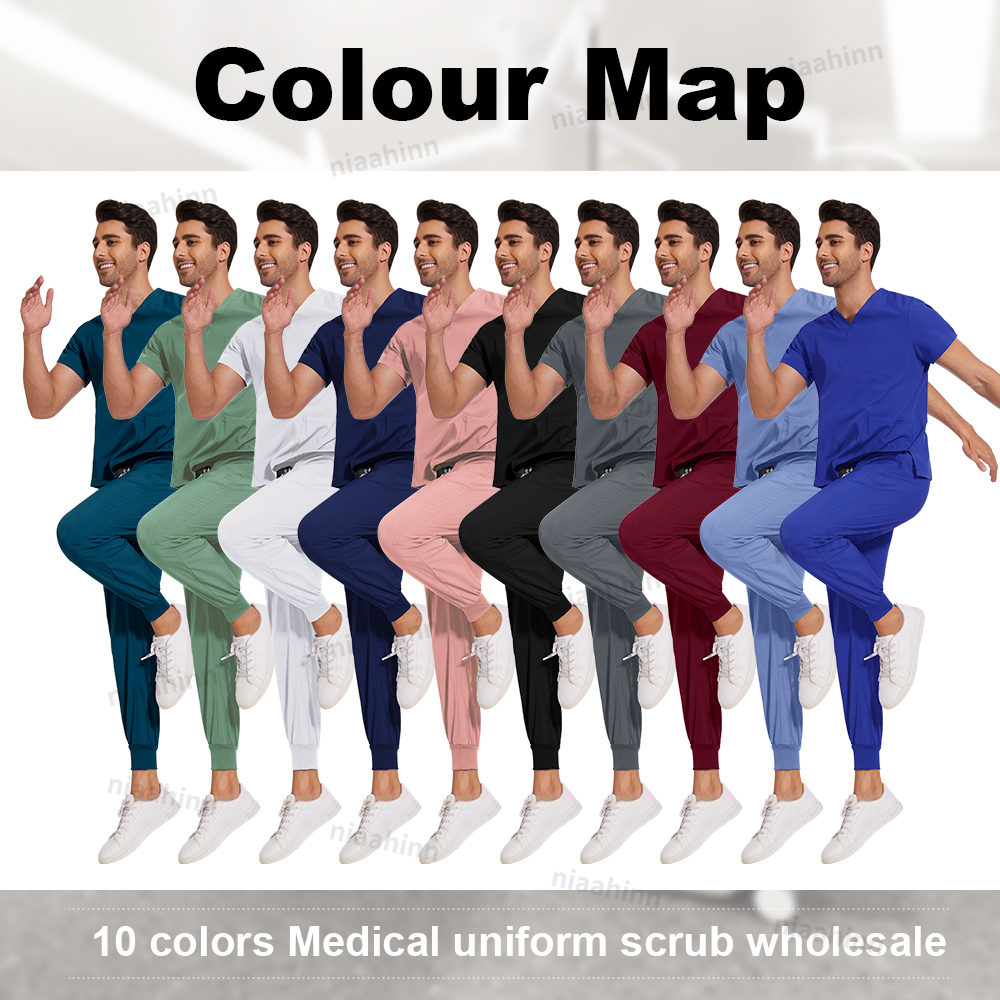 Niaahinn médico esfrega uniforme artigos de enfermagem uniformes cirúrgicos mulher com decote em v manga curta topos corredores calças define masculino esfrega