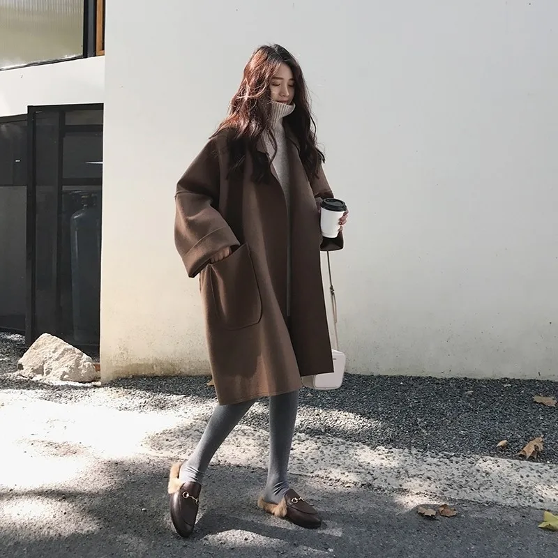 Elegant Woolen Trench Coat ฤดูหนาวผู้หญิง Vintage Windbreakers แจ็คเก็ตกลางความยาวหลวม Turn-Down Collar Plus ขนาด 4XL เสื้อสเวตเตอร์ถัก