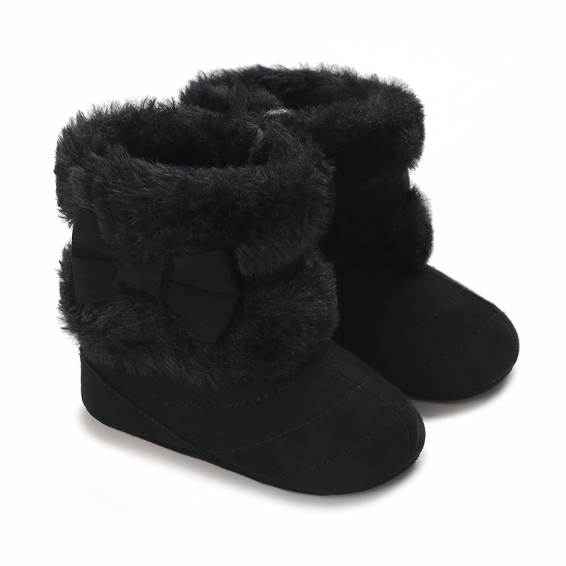 Zapatos de bebé de 0 a 18M, botas de nieve cómodas de felpa para invierno, bonitos zapatos de algodón con lazo, zapatos antideslizantes de suela blanda para bebé