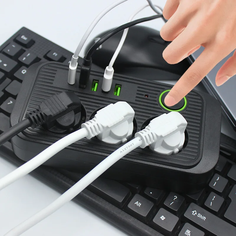 Regleta de enchufe europeo, Cable de extensión de 2M, tomas múltiples de 3AC, toma de corriente con 4 USB, 1 tipo C, filtro de red, carga rápida
