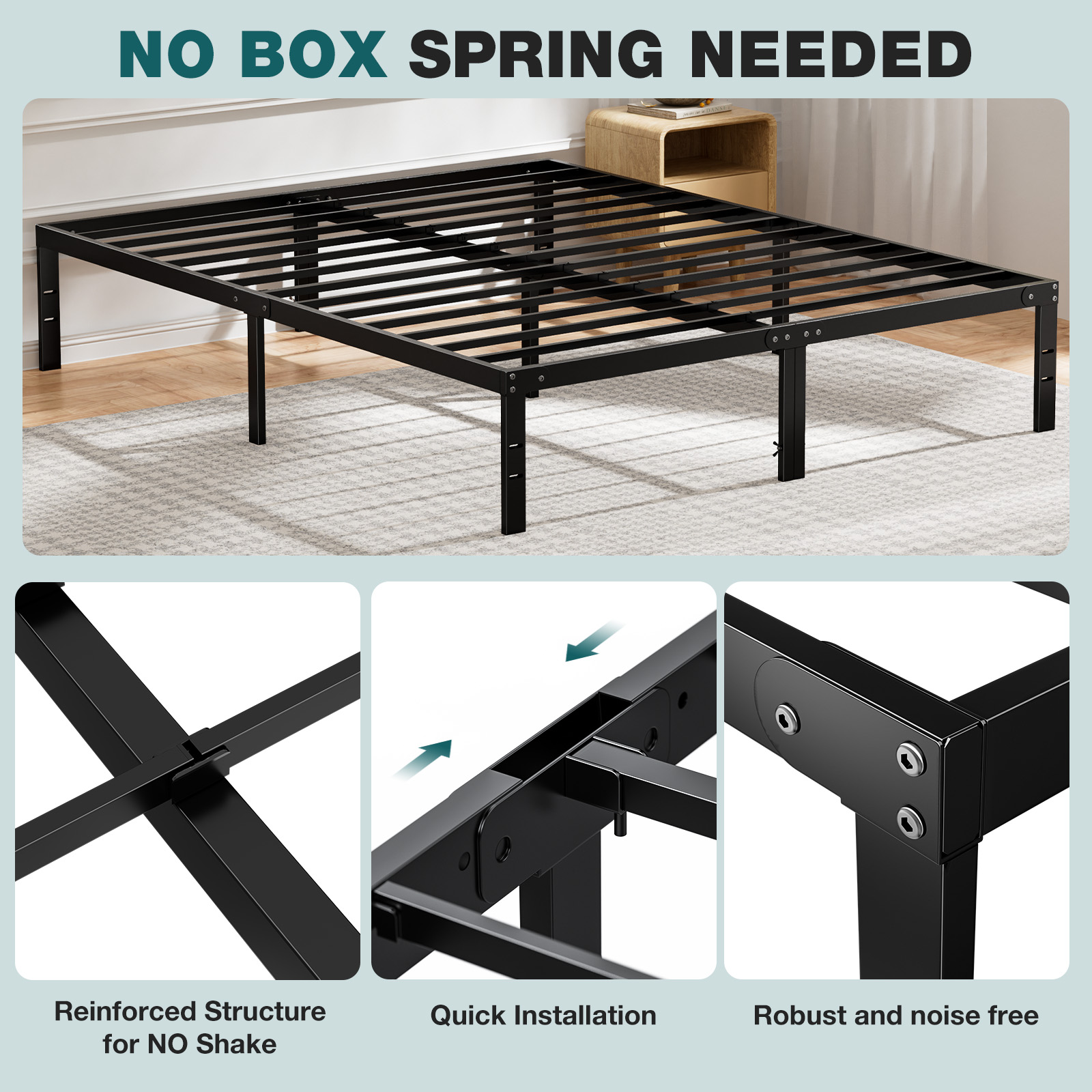 JHK Basic Twin Full Queen King Size Marco de cama Plataforma de metal Marcos de dormitorio con espacio de almacenamiento Soporte de listones de acero resistente 350 libras