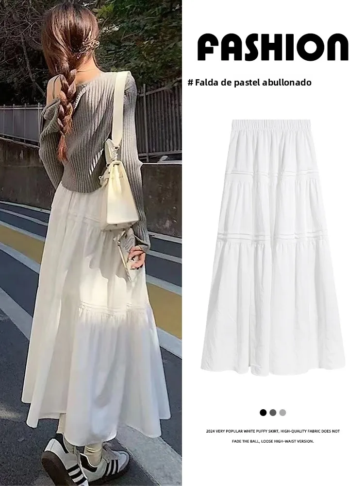 Falda Midi Blanca de Cintura Alta con Corte en A para Mujer, Estilo Verano 2024, Falda de Pastel Vaporosa, Estilo Coreano, Ta...