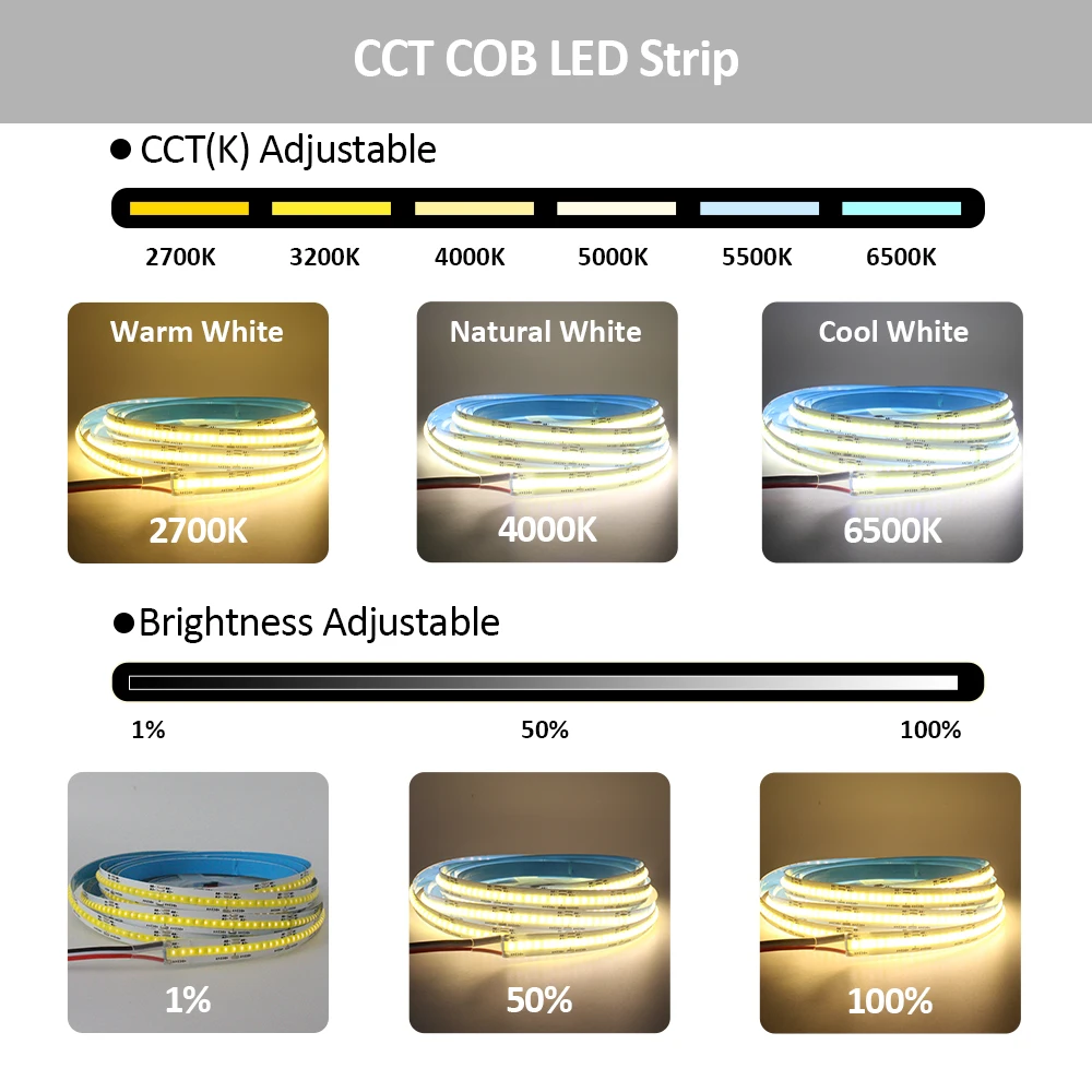 DC 24V CCT COB LED Strip Light Dimmable 608LEDs/m High Brightness RF Remote Kit Double White Flexible Tape Lamp Linear Lighting