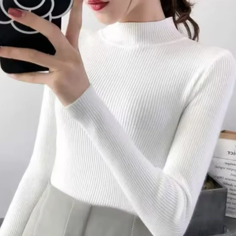 가을 겨울 모의 목 여성 스웨터 빈티지 기본 솔리드 니트 탑 캐주얼 슬림 풀오버 한국 스웨터 Simple Chic Jumpers