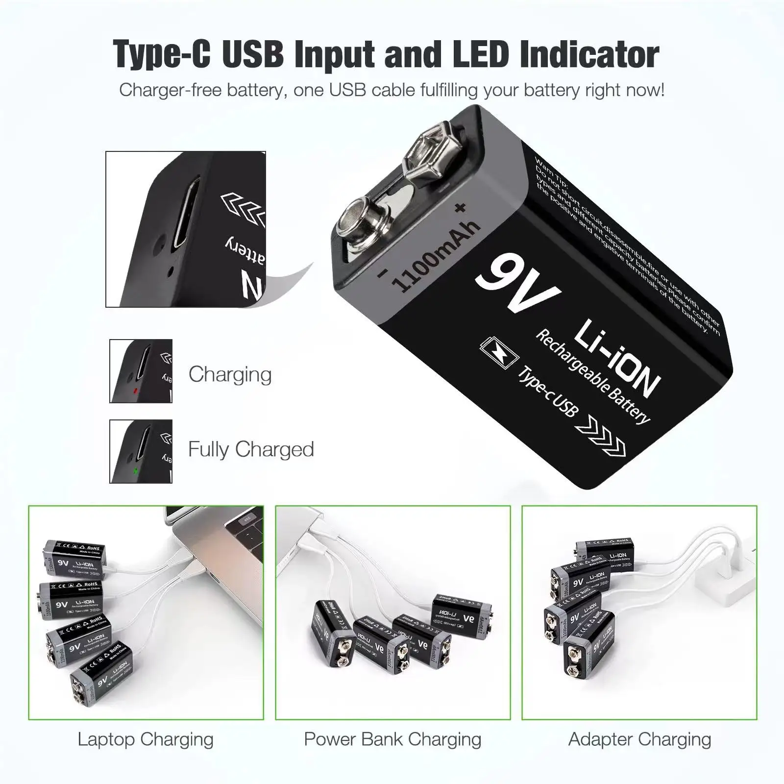 Kuugro USB 9V Rechargeable Battery 1100mAh Type-C Rechargeable 6F22 9V Li-ion Battery for RC Helicopeter Model Multimeter Toy