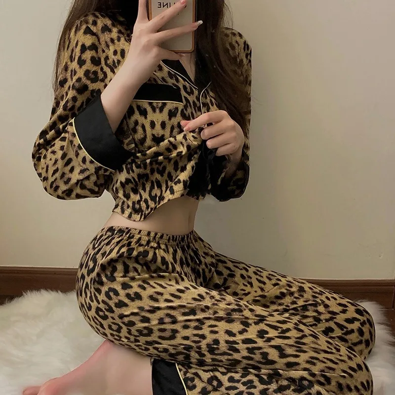 Tailândia primavera e outono pijamas conjunto moda feminina leopardo impressão de manga comprida pijamas loungewear senhoras luxo homewear