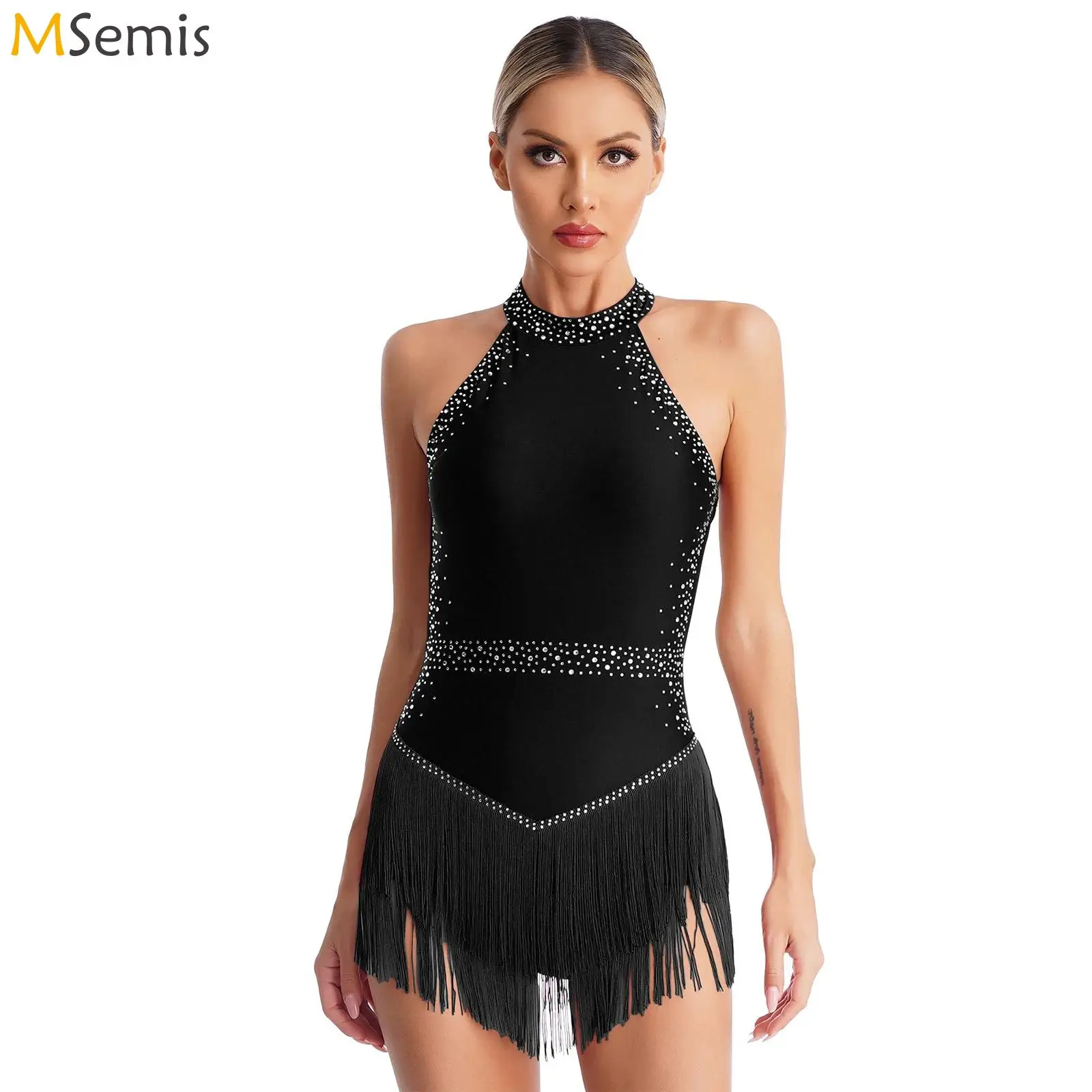 Frauen Latin Tango Salsa Tanzkleid Glänzende Strass Quaste Trikot Neckholder Ärmellos Rückenfrei Fransen Body Ballsaal Kostüm