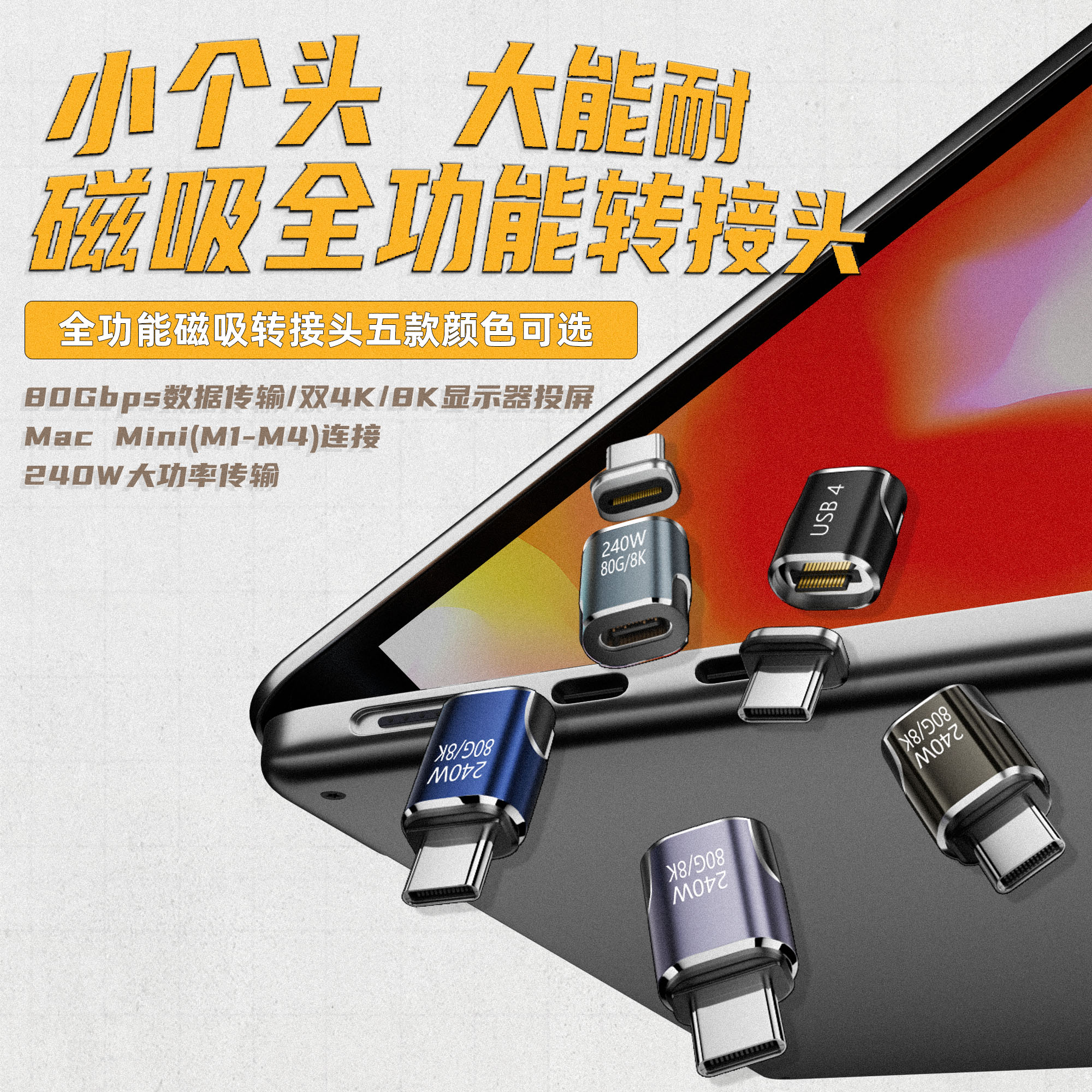 Магнитный адаптер USB4 Thunderbolt4/3 USB C к Type C, 240 Вт, 80 Гбит/с, магнитный преобразователь для быстрой зарядки, кабель-переходник 8K при 60 Гц